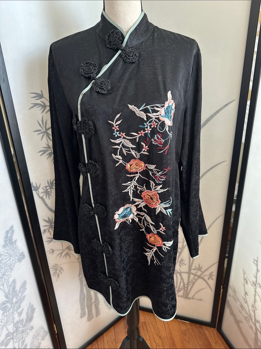 Zara Black Mandarin Collared Dress with Multicolor Floral Embroidery